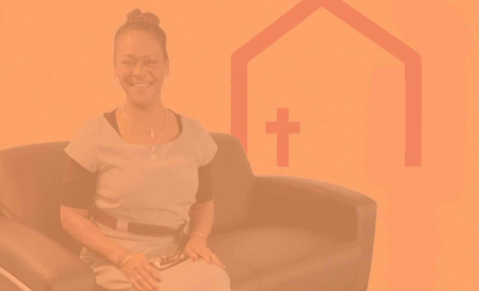 Woman sitting on chair smiling with Shelter KC icon behind her red tinted