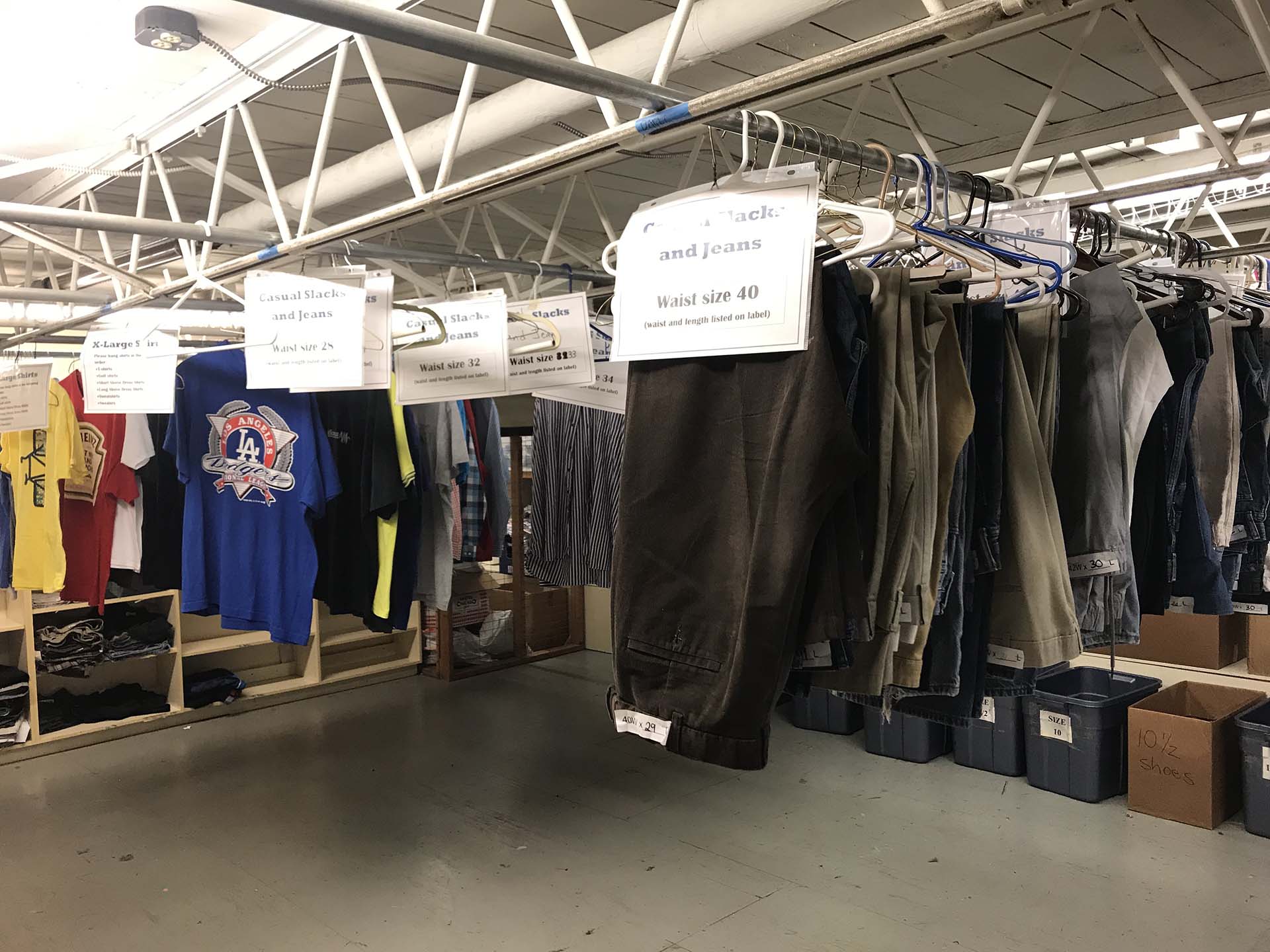 Labeled clothing in storage at Shelter KC